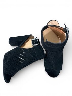 Rouge! Black Perforated Open-Toe Block Heel Sandals with Buckle